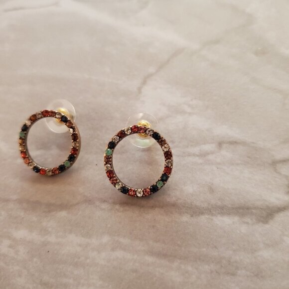 🌈 J.Crew Rainbow Pave Rhinestones Crystals Hoop Post Stud Earrings 🌈 - Picture 3 of 6